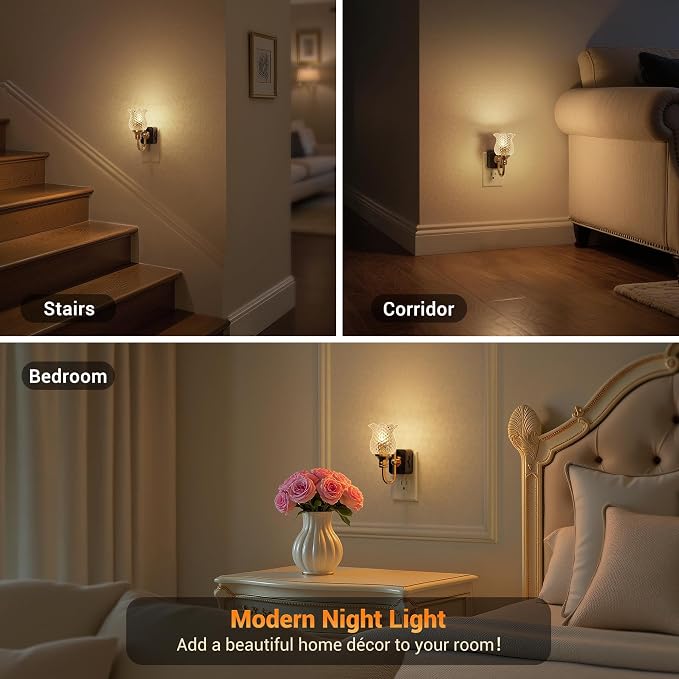 JandCase Night Light, Glass Night Lights Plug into Wall, Dimmable Floral LED