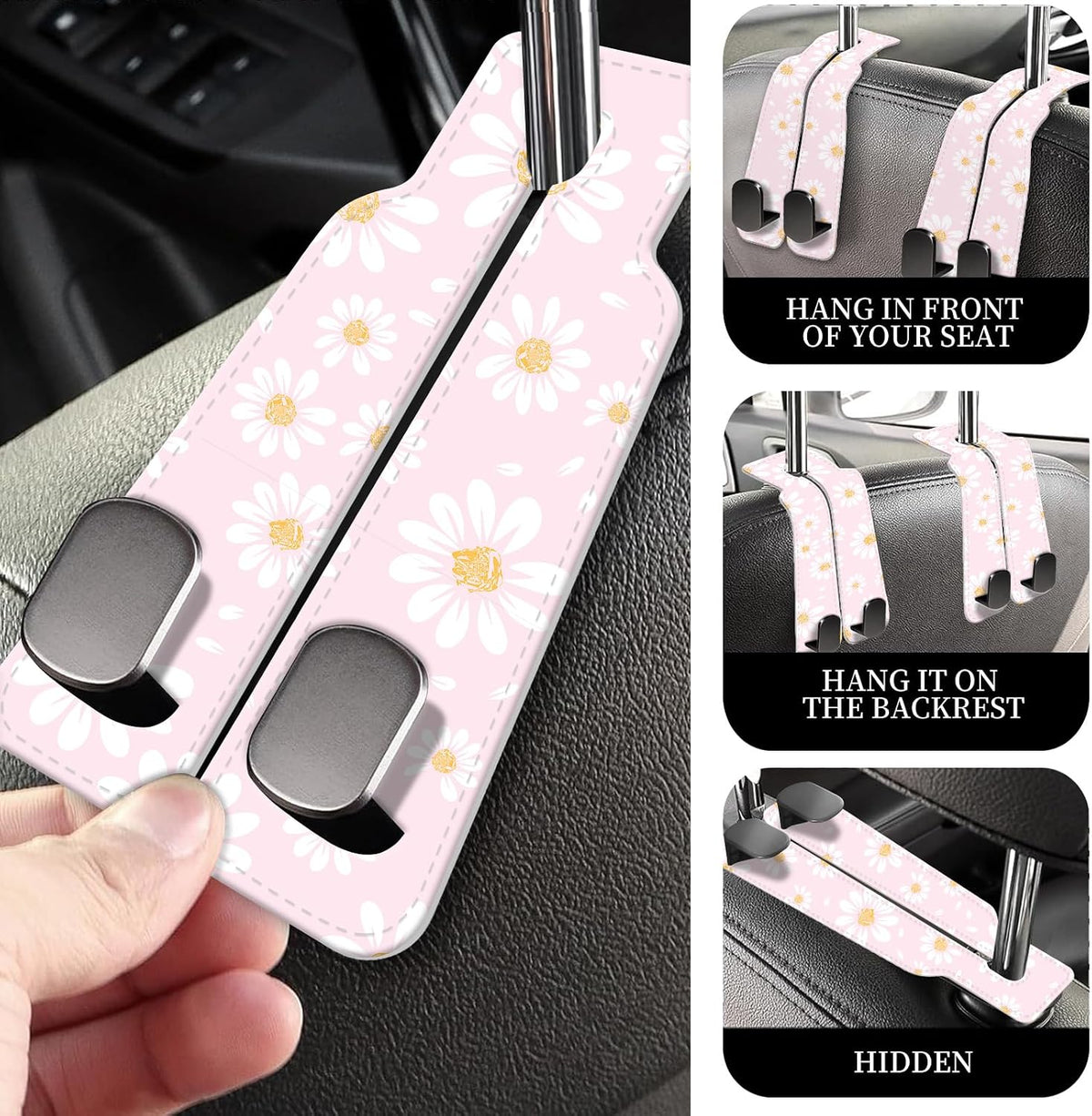 PU Leather Car Seat Hook, Storage Headrest Hanger, Cute Car Backseat Organizer, Car Hooks For Purses and Bags Cute Pink Daisy