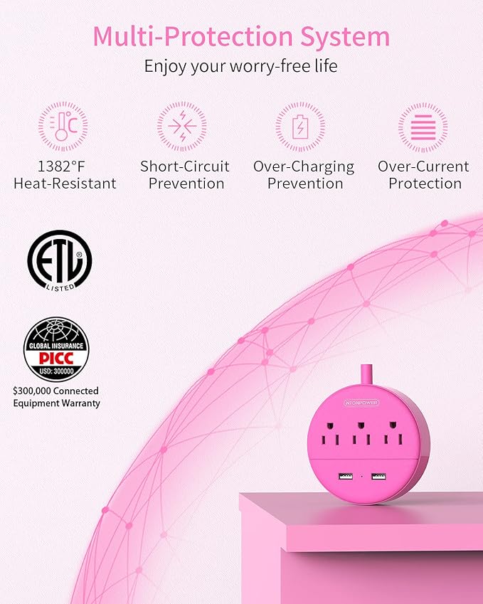 Pink Extension Cord 25ft, NTONPOWER Flat Plug Power Strip with Long Extension Cord, 3 Outlet 2 USB Compact Desktop Charging Station Wall Mount for TV Living Room, Dorm, Office and Nightstand