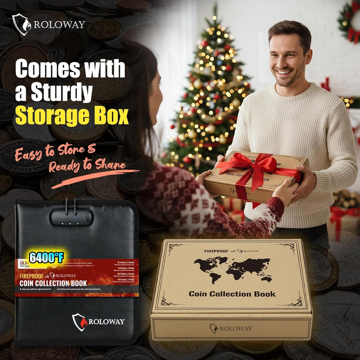 ROLOWAY Coin Collection Book 6400℉ Heat Insulated, 346 Pockets Fireproof Coin Book Holder and 36 Paper Currency Album with Aluminum Foil Layer, Money Saving Coin Collector Book with Lock (Black)