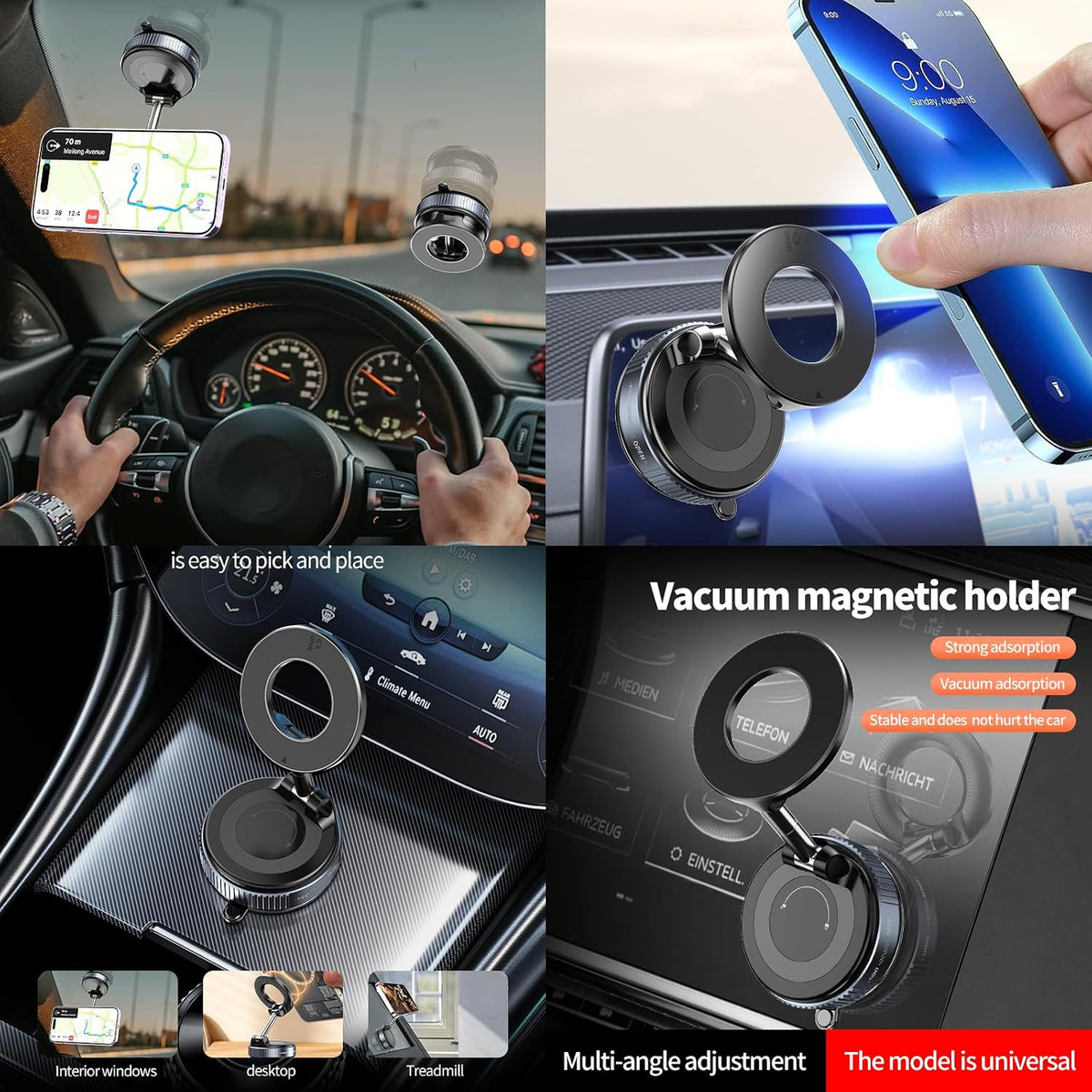 Vacuum Magnetic Phone Holder for Car Phone Holder 360° Adjustable Car Phone Mount for Magsafe Cell Phone Holders for Your Car for iPhone 16 Pro Max 15 14 13 12 Plus & Android (Black)