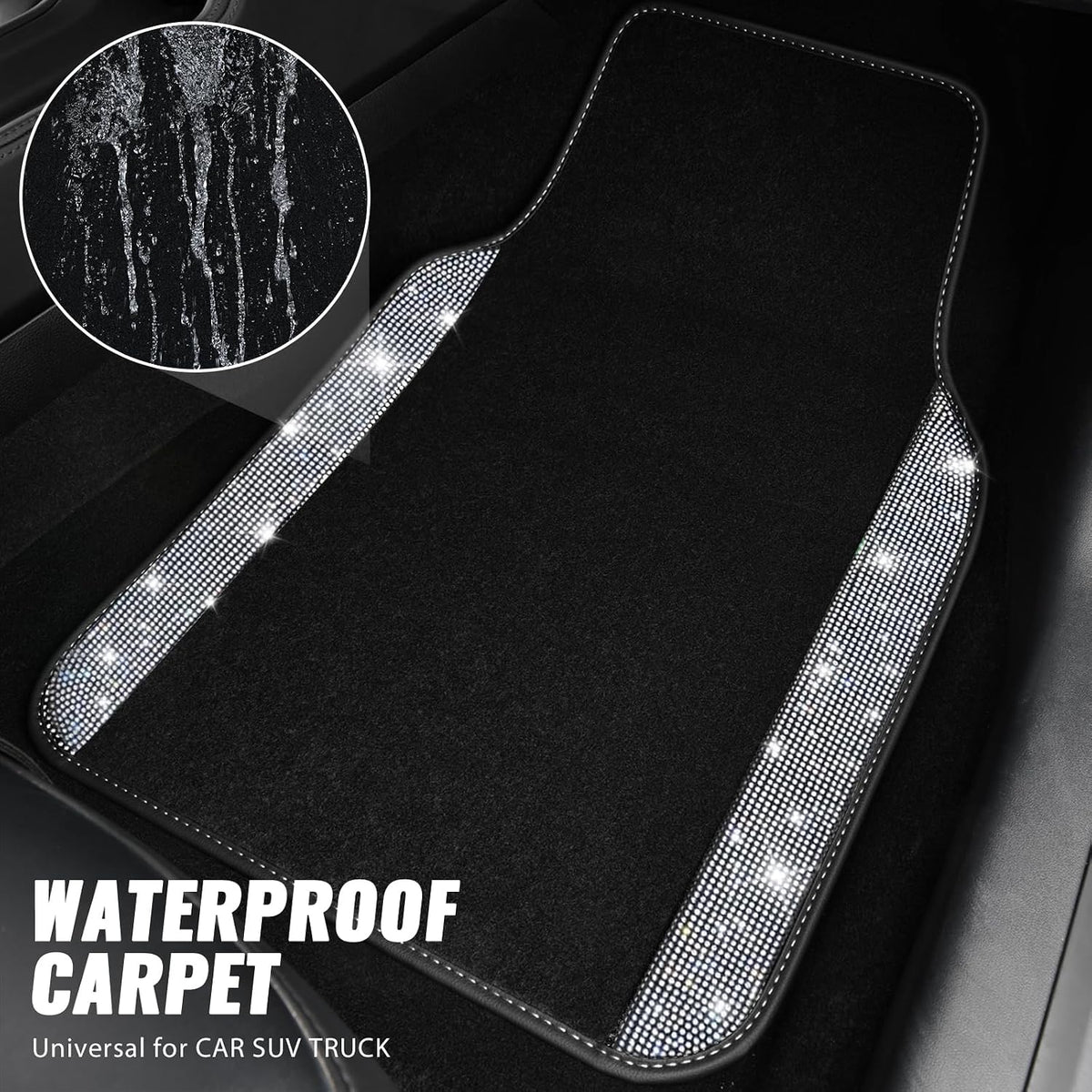 CAR PASS Bling Diamond Leather Steering Wheel Cover 14.5in-15in Floor Mats Shining Rhinestone Carpet Sparkly Glitter Crystal Anti-Slip Pad Fit Automotive SUV Pickup Truck Girl Women, 5pcs Black Sliver