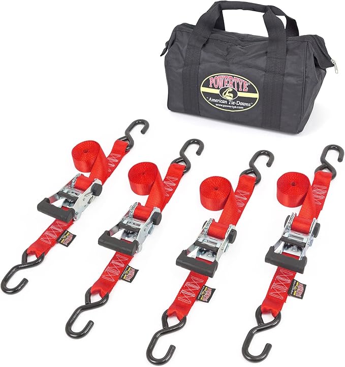 PowerTye Industrial Ratchet Tie-Down Kit - Made in USA - 1.5 inch x 8ft - Heavy Duty Ratchet Straps with S-Hooks, 4-Pack + Storage Bag, for Motorcycles, UTVs & Trailers, 1,000 W.L.L., Red (4-Pack)
