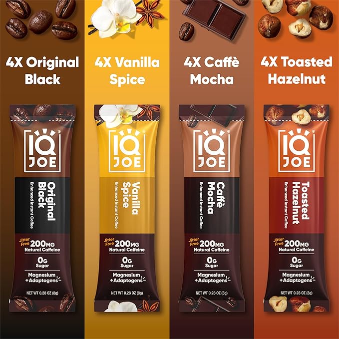 IQJOE Mushroom Instant Coffee - 4-in-1 Formula for Focus, Clarity, Mood, and Energy - Lion’s Mane, Magnesium L-Threonate, Antioxidants, Adaptogens, Sugar Free, Keto, Vegan - 16 Count Variety Pack