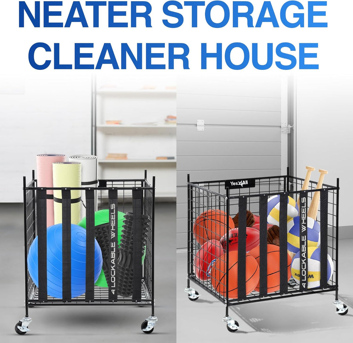 YES4ALL Rolling Ball Cart - Lockable Wheels Sports Equipment Organizer | Volleyball & Basketball Holder, Garage Storage Bin