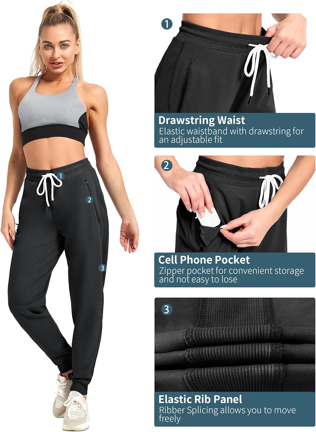 PULI Women's Cotton Jogger Sweatpants - Comfortable Lounge Pants with Zipper Pocket