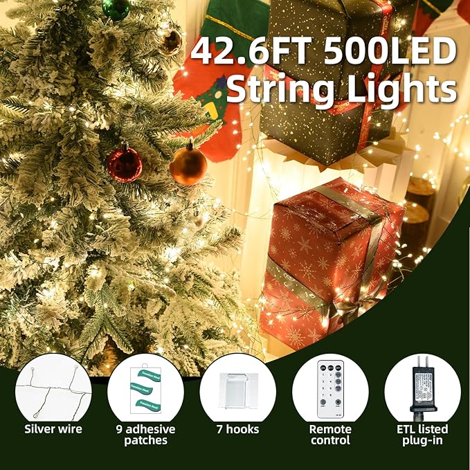 Dailyart Fairy Lights Plug in 500 Led with Remote 42Ft String Light with Timer Waterproof Lights for Bedroom Wreath Party Window Wedding Decoration Warm White Green Wire