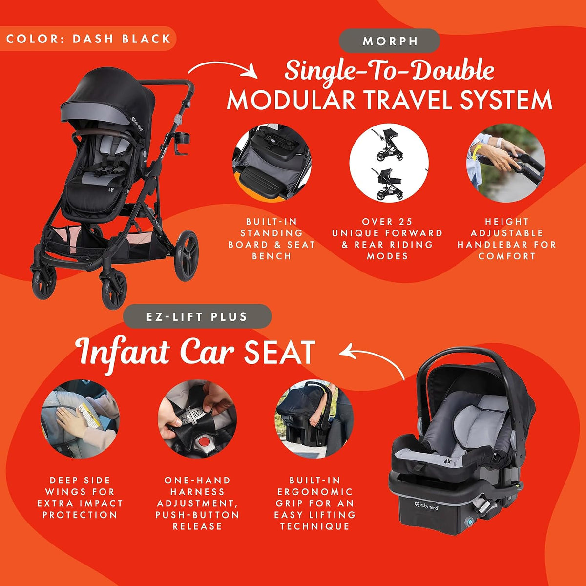 Baby Trend Single to Double Stroller & EZ-Lift Plus Infant Car Seat Combo, Dash Black - Lightweight and Compact Travel System Tandem for Babies, Infants, and Toddlers