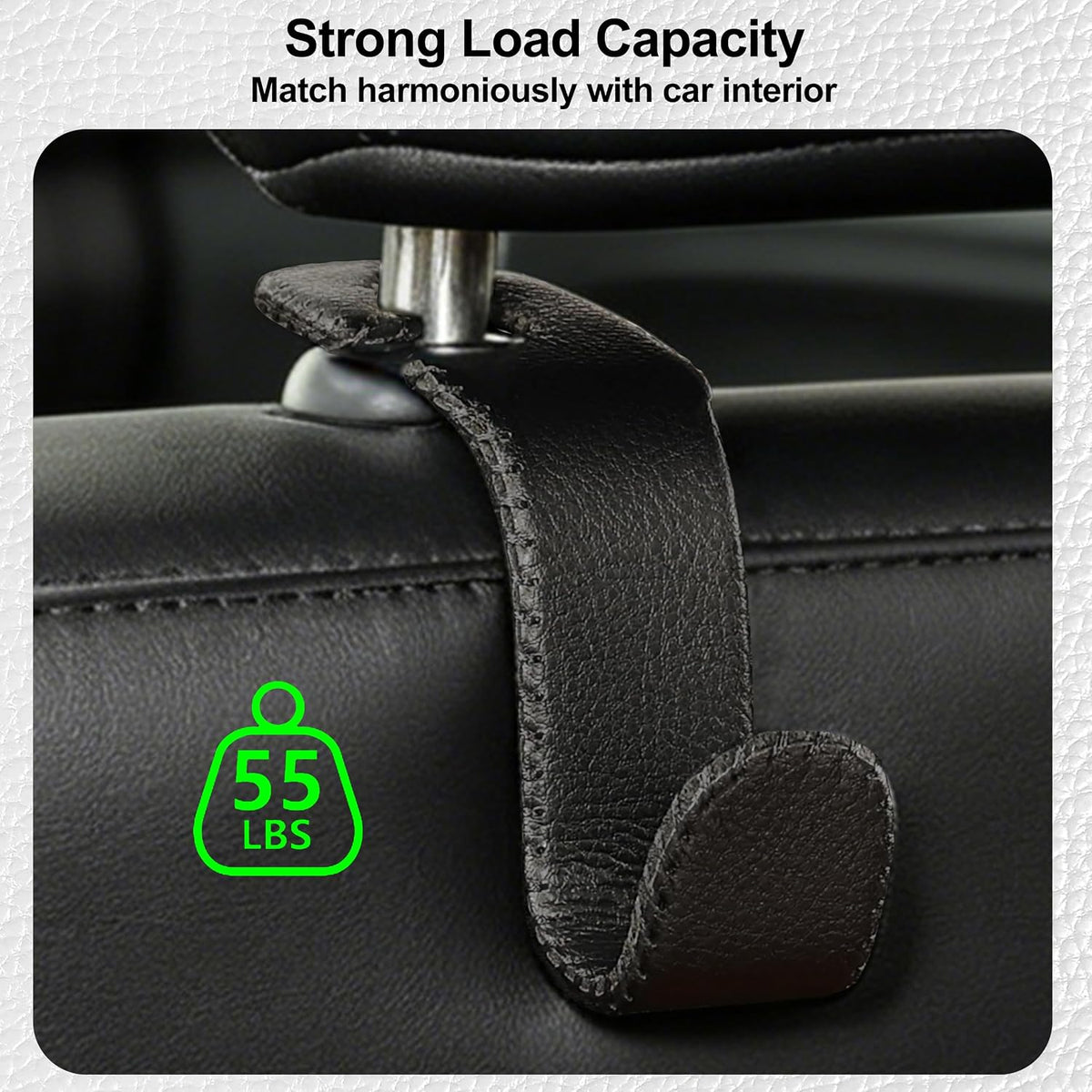 Car Seat Headrest Hook Heavy Duty 55lb Metal Hanger with Leather for Bags