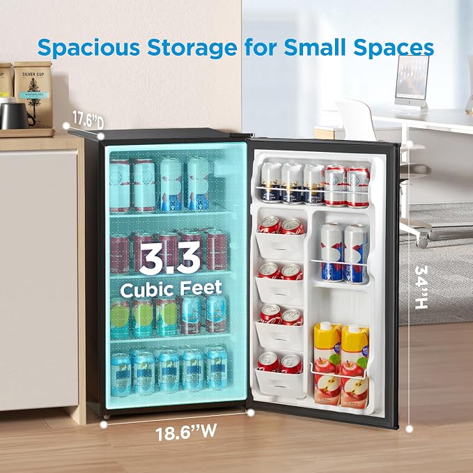 Midea 3.3 Cu.ft Compact Fridge, Energy Star Certified, Low Noise for Office | Adjustable Thermostat, Reversible Door,Ideal for Dorm, Office, Black