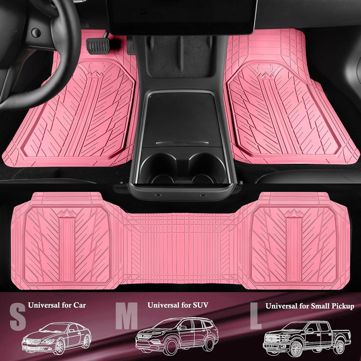 CAR PASS Heavy Rubber Car Floor Mats, Deep Waterproof Car Mats All Weather, Universal Trim-to Fit Automotive Floor Mats for Car SUV Truck Van, Durable Cute Floor Liners for Women Girly (All Pink)