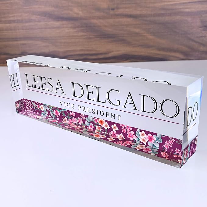 Artblox Personalized Name Plate for Desk | Wild Flowers Design On Clear Acrylic Glass | Custom Desk Name Plate Personalized with Your Name and Credentials for Teacher Phd Military Office Name Plate