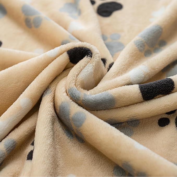 Dog Blanket Paw Bone Pattern 1 Pack 2 Super Soft Warm Flannel Sofa Cover Car Bed Protector, Urine Proof Washable Outdoor Pet Blanket for Puppy Large Dogs & Cats,60"*50" Beige