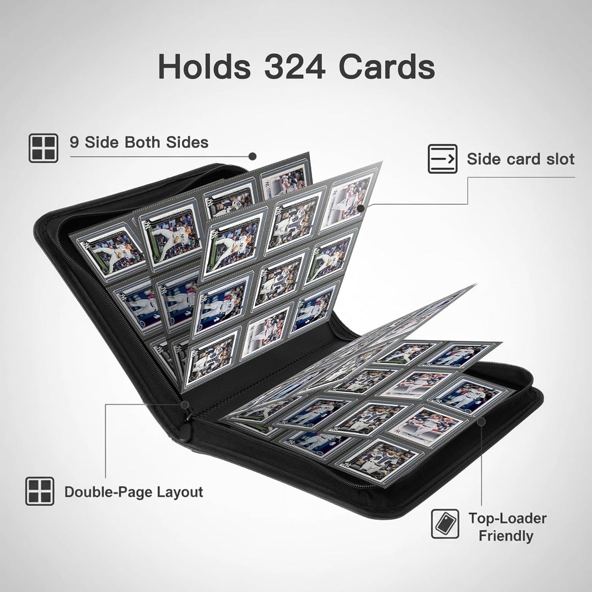 Skiennix Toploader Binder - 9 Pocket Card Album with 324 Slots for 3" x 4" Trading & Sports Cards | Black