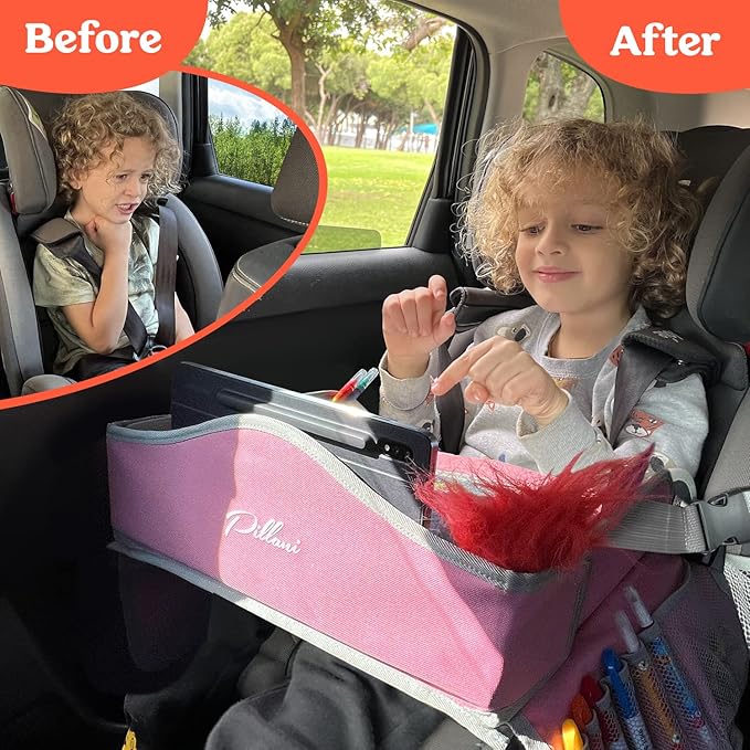 PILLANI Kids Travel Tray for Car - Car Seat Tray for Kids Travel, Road Trip Essentials, Carseat Table for Roadtrip Activities - Must Have Toddler Lap Desk Organizer for Airplane - Car Accessories