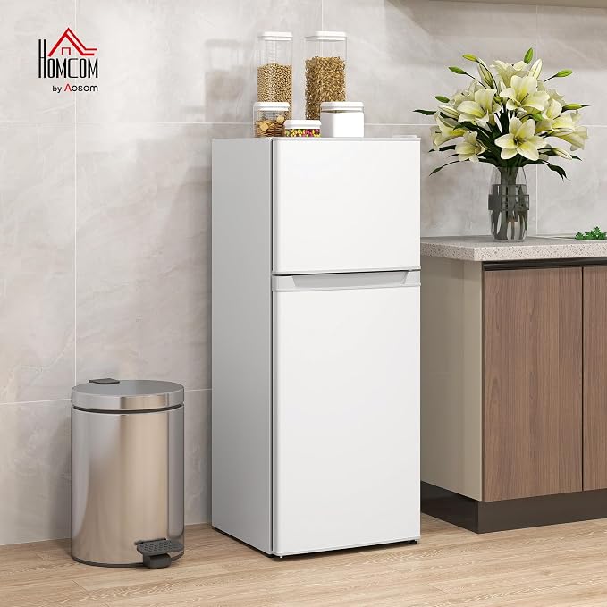 HOMCOM 4 Cu.Ft Mini Fridge with Freezer Double Reversible White | Compact Refrigerator, Adjustable Thermostat, Shelf, for Bedroom Dorm Home Office, Energy Efficient