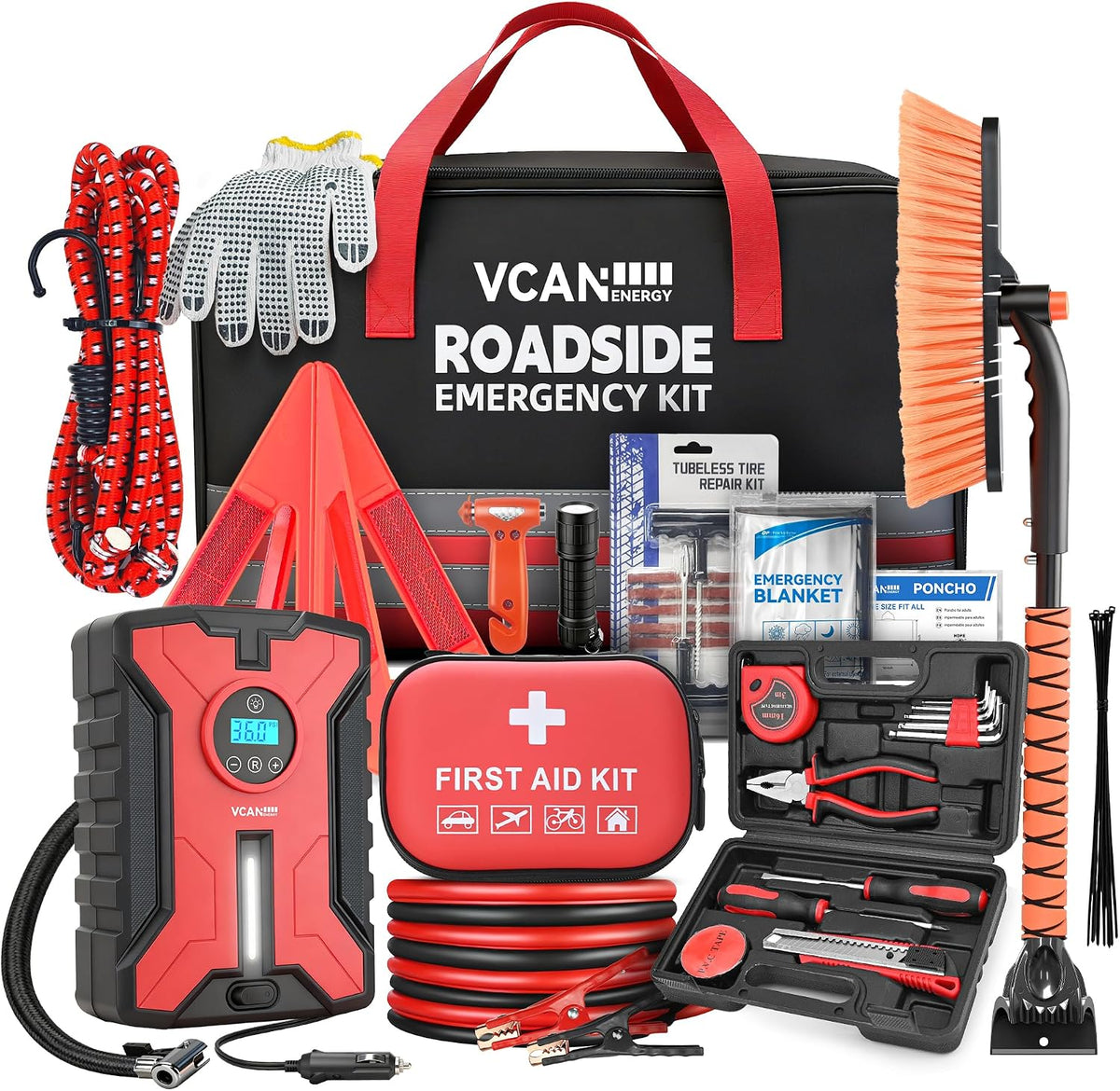Car Emergency Safety Kit Bag with Portable Air Compressor, Jumper Cables,First Aid Kit, Winter Vehicle Roadside Emergency Kit with Snow Brush and Ice Scraper, for Women, Men, Teen