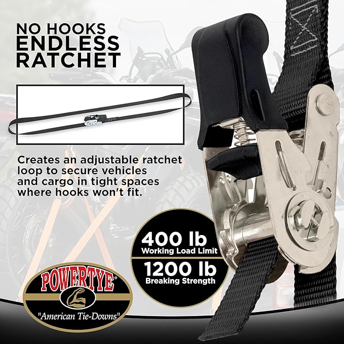PowerTye - Endless Ratchet Strap - 1in x 4ft Easy Grip (Hookless), Tie Down Strap w/ 400 lb. Working Load Limit / 1,200 lb. Break Strength, Ideal for Motorcycle, ATV, Bike, & Coolers, Green 2-Pack