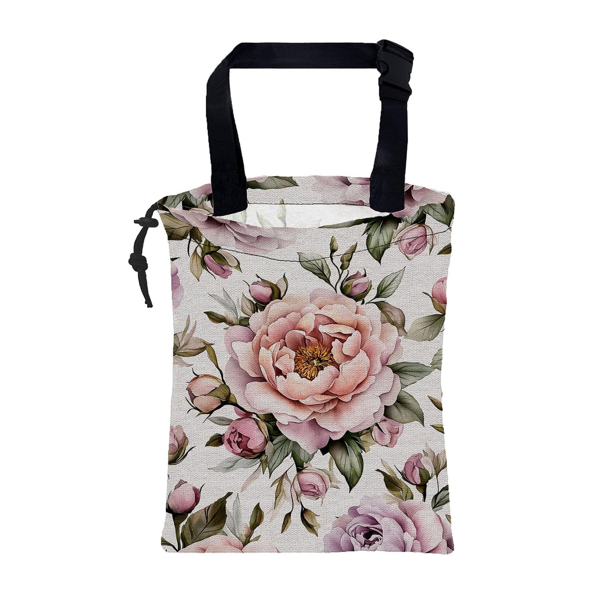 Car Trash Bag Pink Peonies and Green Leaves Leak-Proof Car Garbage Bag with Drawstring Foldable Canvas Trash Bin with Adjustable Buckle for Car Accessories