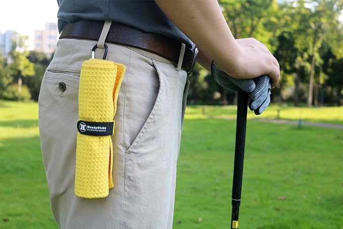 Handy Picks Microfiber Golf Towel (16" X 16") with Carabiner Clip, Waffle Pattern Golf Towel Hook and Loop Fastener - The Convenient Golf Cleaning Towel