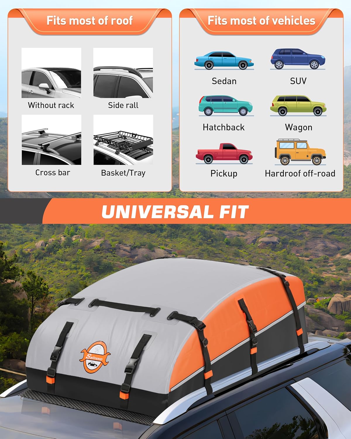 Sailnovo Rooftop Cargo Carrier Bag - 21 Cubic Feet, Waterproof Soft-Shell Design with Anti-Slip Mat & Straps