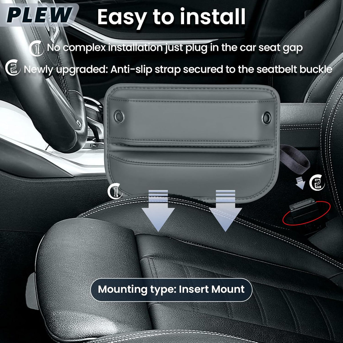 2-Pack Car Seat Gap Filler Organizer - Upgraded Anti-Slip Strap Design - Premium Leather Side Console Pocket - Prevent Phone Falling - Universal Fit Car Essentials for SUV, Truck & Sedan, Grey