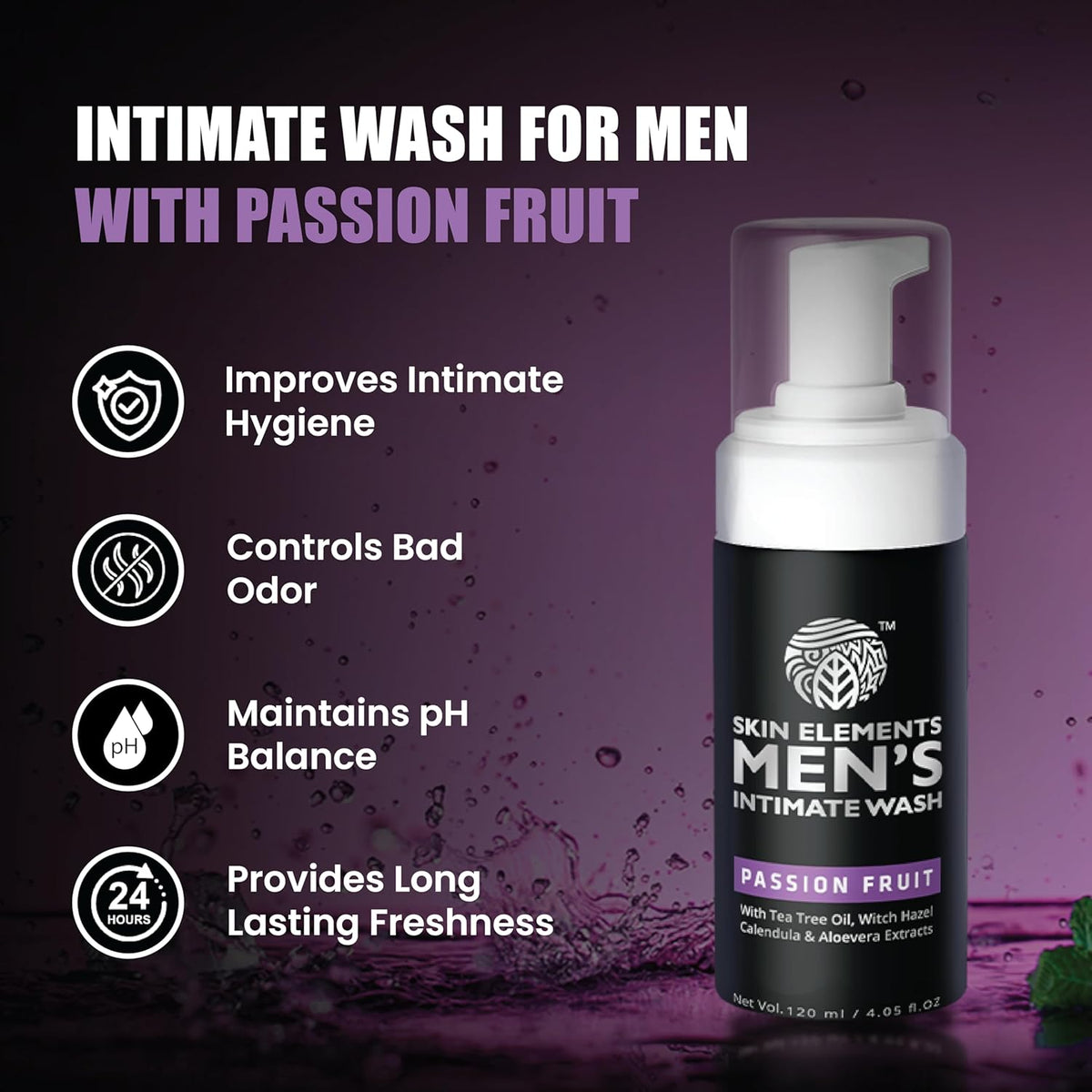 Skin Elements Intimate Wash for Men - Passion Fruit | pH Balanced Foaming Formula | Prevents Itching & Odor (4.05 Fl Oz)