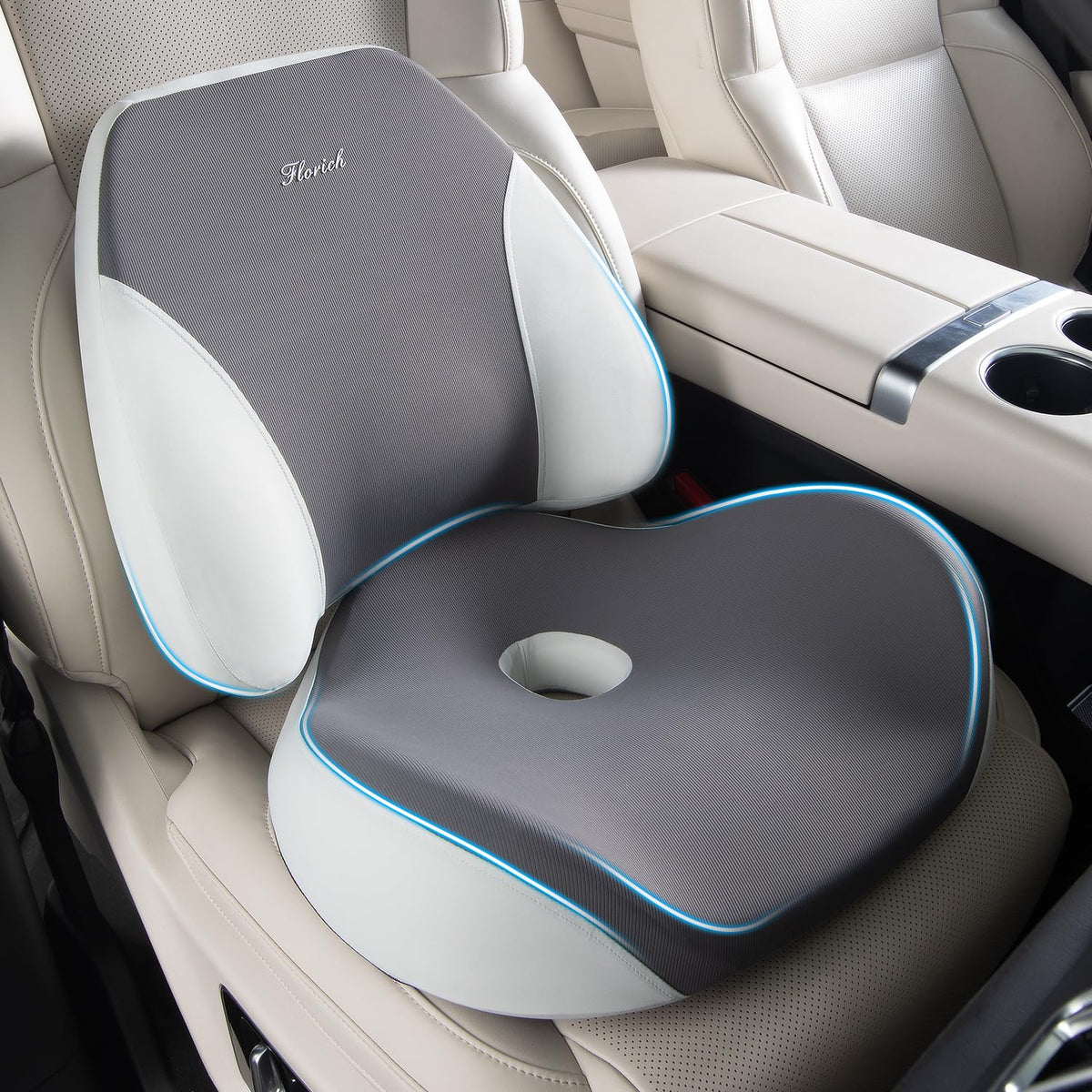 FLORICH Lumbar Support Pillow and Car Seat Cushion for Driving Car Office Chair, Memory Foam Back Support Pillow and Office Seat Chair Cushion for Sciatica Pain Relief - Gray
