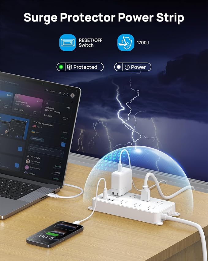 TROND Power Strip Surge Protector, 7 Widely Spaced Outlets with 2 USB A and 2 USB C, ETL Listed 1700J, Wall Mount, Flat Plug 5ft Extension Cord 14AWG Heavy Duty, for Home, Office Garage, White