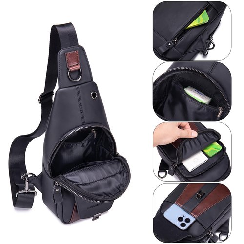 LUKZIJAES Genuine Leather Sling Bag for Men Vintage Crossbody Bag Men Chest Pack Mens Cross Shoulder Bags Hiking Daypacks Travel Backpack (#2-Black)