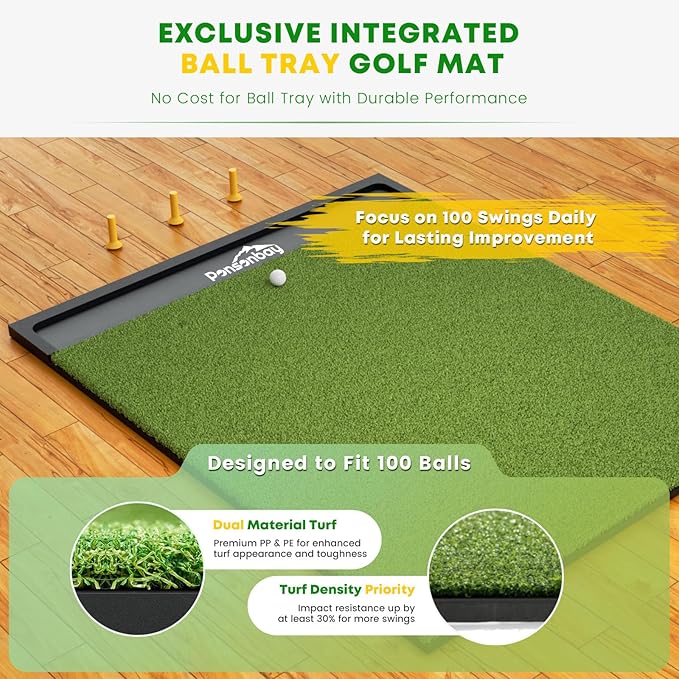 Integrated 5x4ft 6x4ft & 6x5ft 26mm-31mm Golf Mat with Ball Tray, Thickening Golf Mats Practice Outdoor & Indoor Artificial Turf Matt with 3 Tees