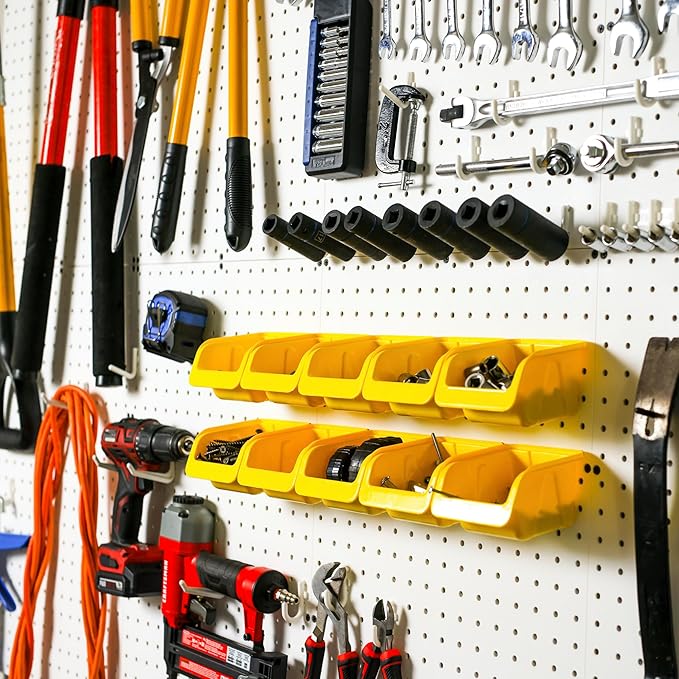 WALLPEG 36 Pack Pegboard Bin Kit – 18 Medium & 18 Large Yellow Peg Board Storage Bins | Parts Organizer for Garage, Workshop, Craft Room, Office & Workbench | Pegboard Accessory Organier | MADE IN USA