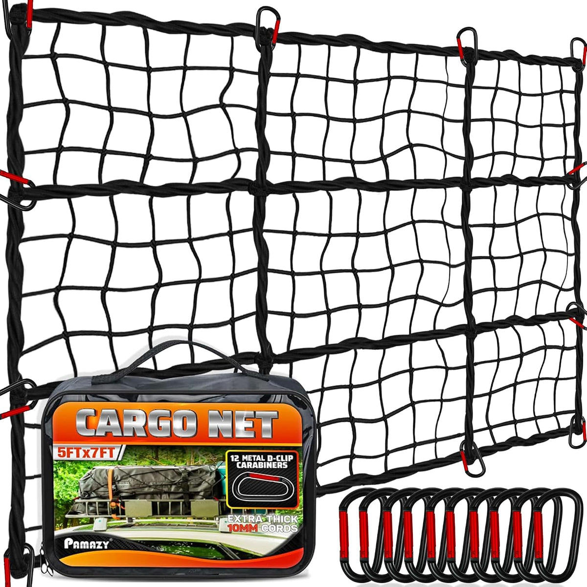 5'x7' Cargo Net Pickup Truck Bed Stretch to 10'x14' Heavy-Duty 10mm Bed Net