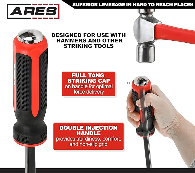ARES 46006-12-Inch Pry Bar - Angled Tip for Lifting and Prying - Comfortable Non-Slip Double Injection Handle
