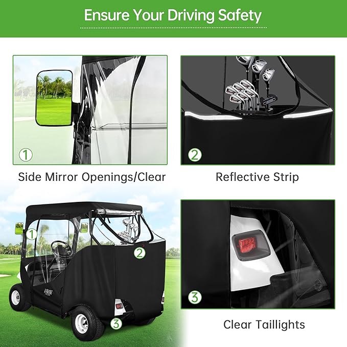 10L0L Golf Cart Enclosure Fit for 2 Passengers EZGO TXT RXV,600D Waterproof Snowproof Golf Buggy Keep Warm Cover, 2 Door Zippers 4-Side Clear Window and 4 Windproof Hooks Golf Cart Rain Cover, Black