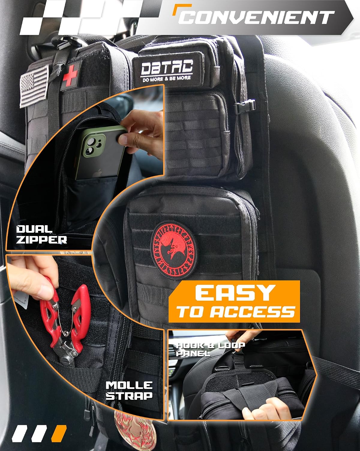 DBTAC Tactical Molle Car Seat Organizer | Vehicle Back Panel with 5X Detachable Pouches, US Flag & Writable Reflective Patch for Cars, Trucks, SUVs, Sedans
