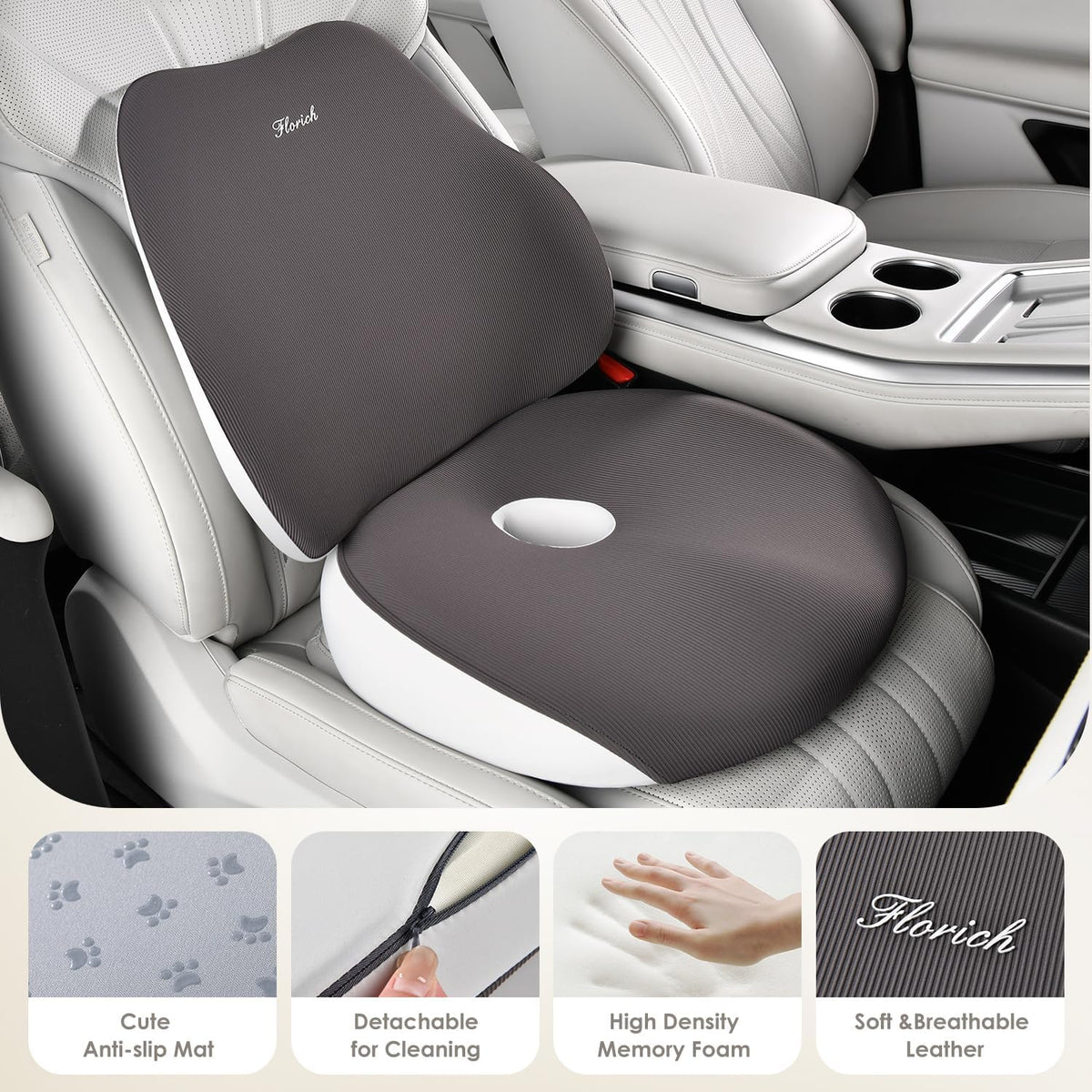 FLORICH Car Seat Cushion and Lumbar Support Pillow, Ergonomic Memory Foam Driving Seat Cushions for Back & Sciatica Pain Relief, Non-Slip Cushion for Car, Office, Truck, Wheelchair, Gaming Chair-Gray