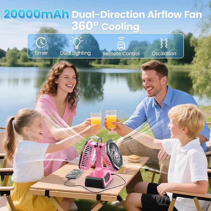 Dual Head Portable Rechargeable Fan 20000mAh Battery Powered Camping Fan Cordless with LED Lantern & Remote, Auto Oscillation, Hook, Battery Operated for Tent Office Travel Picnic Jobsite Orange