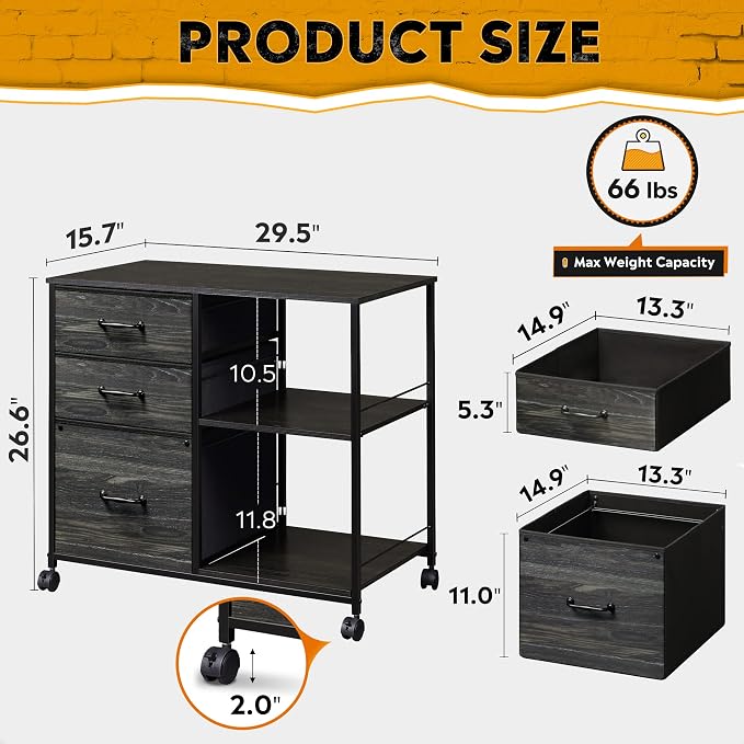 DEVAISE 3 Drawer File Cabinet, Mobile Filing Cabinet Rolling Printer Stand