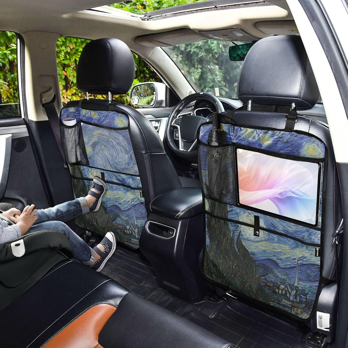 2 Pack Backseat Car Organizer with Storage Pockets Seat Back Organizers for Kids Kick Mats Backseat Protector Automotive Starry Night