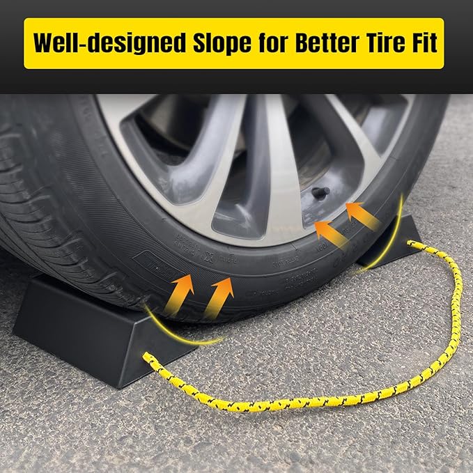 HOXWELL Dual Wheel Chocks, Light Non-Slip Wheel Stoppers with Nylon Rope Yellow Reflective Tape, Wheel Block for Lightweight Travel Trailer, Light Truck, Car, Tractor, Lawnmower 1 Pair, Black&Yellow