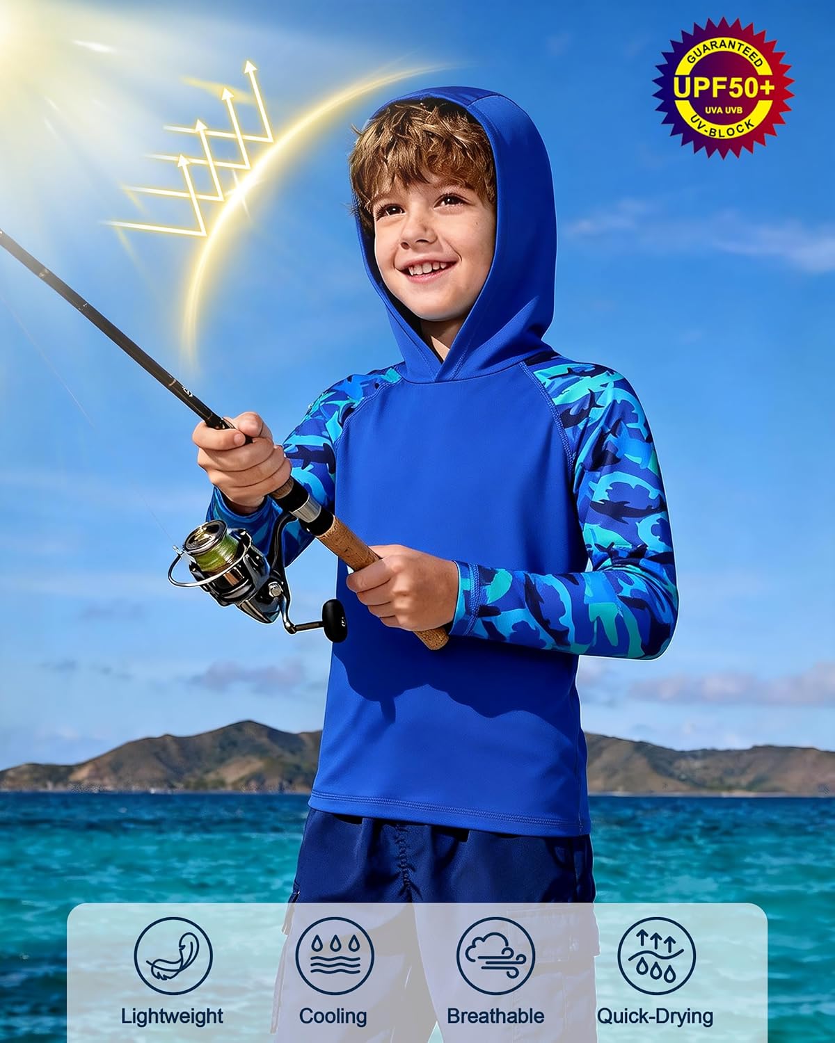 Skiennix Boys Rash Guard Swim Hoodie - UPF 50+ UV Protection Long Sleeve Fishing Shirt | Kids SPF Waterwear