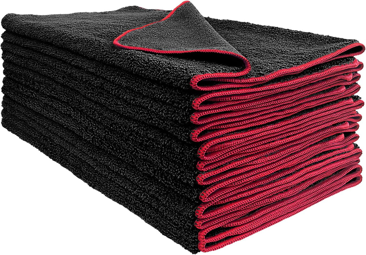 Detailer's Preference Dual Pile 400 GSM Microfiber Towels with Red Trim, All-Purpose Terry Weave Cleaning Cloths for Auto, Home, Boat, Scratch-Free & Reusable, 16x24 Inches, 12-Pack