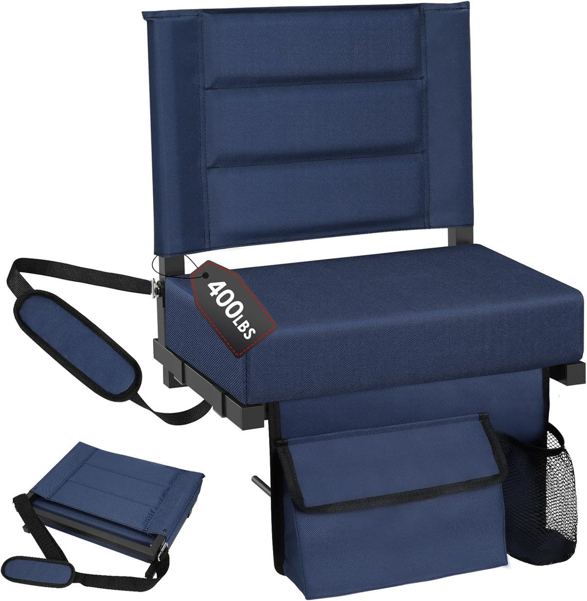 Skiennix Portable Stadium Seat - Extra Thick Cushion with Back Support | Folding Chair with Shoulder Strap and Storage Pocket