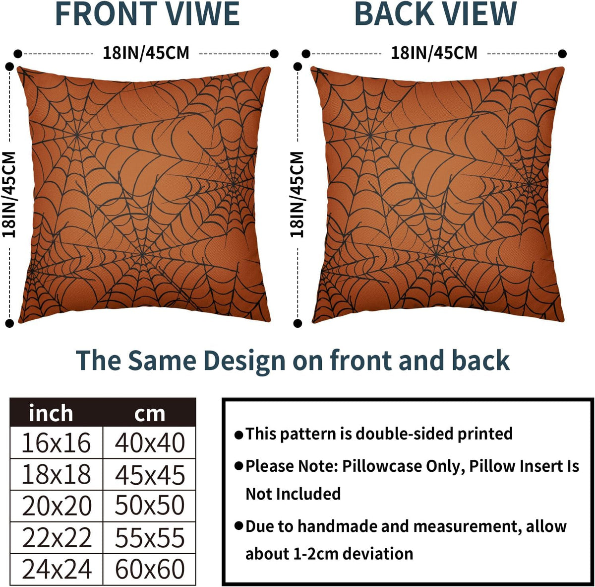 Burnt Orange Halloween Spiderweb Pillow Covers 18x18 Set of 2 Black Web Outdoor Decorative Throw Pillows Halloween Scary Themed Farmhouse Pillowcases Linen Cushion Case Decor for Home Sofa Couch Bed