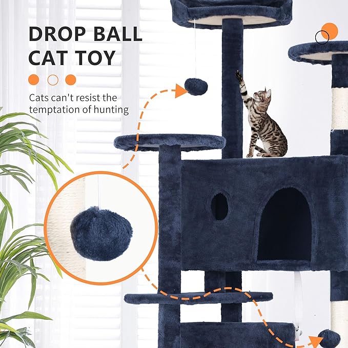 70 Inch Navy Blue Cat Tree, Tall Cat Tower with 2 Condos, 3 Scratching Posts, Multi-Level Platforms - Sturdy Climbing Structure Tall Cat Tower for Indoor Cats