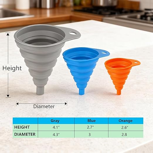 Kitchen Funnels for Filling Bottles, Silicone Small and Large Funnel Set, Foldable Silicone Collapsible Funnels for Filling Water Bottle Liquid, Kitchen Gadgets Accessories (6)