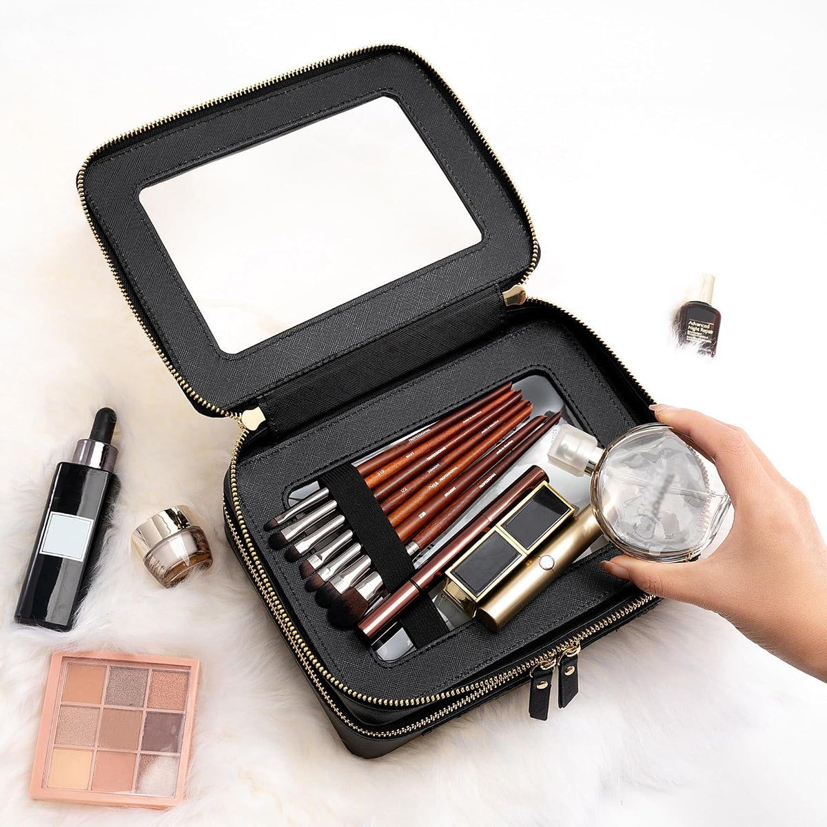 Aveniee Clear Makeup Bags,Double Layer Cosmetic Bags with Separate Brush Compartment,Large Travel Toiletry Bag Cosmetic Case,Travel Accessories Organizer for Women,2 Layers,Black