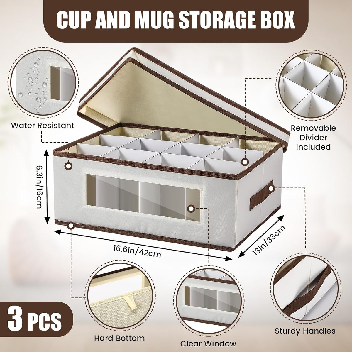 Norme 3 Pack Mug Storage Box with Dividers, 12 Compartments Stemware Storage Cases Champagne Flute Box with Lid Handle Window, Stackable China Container Organizer for Moving