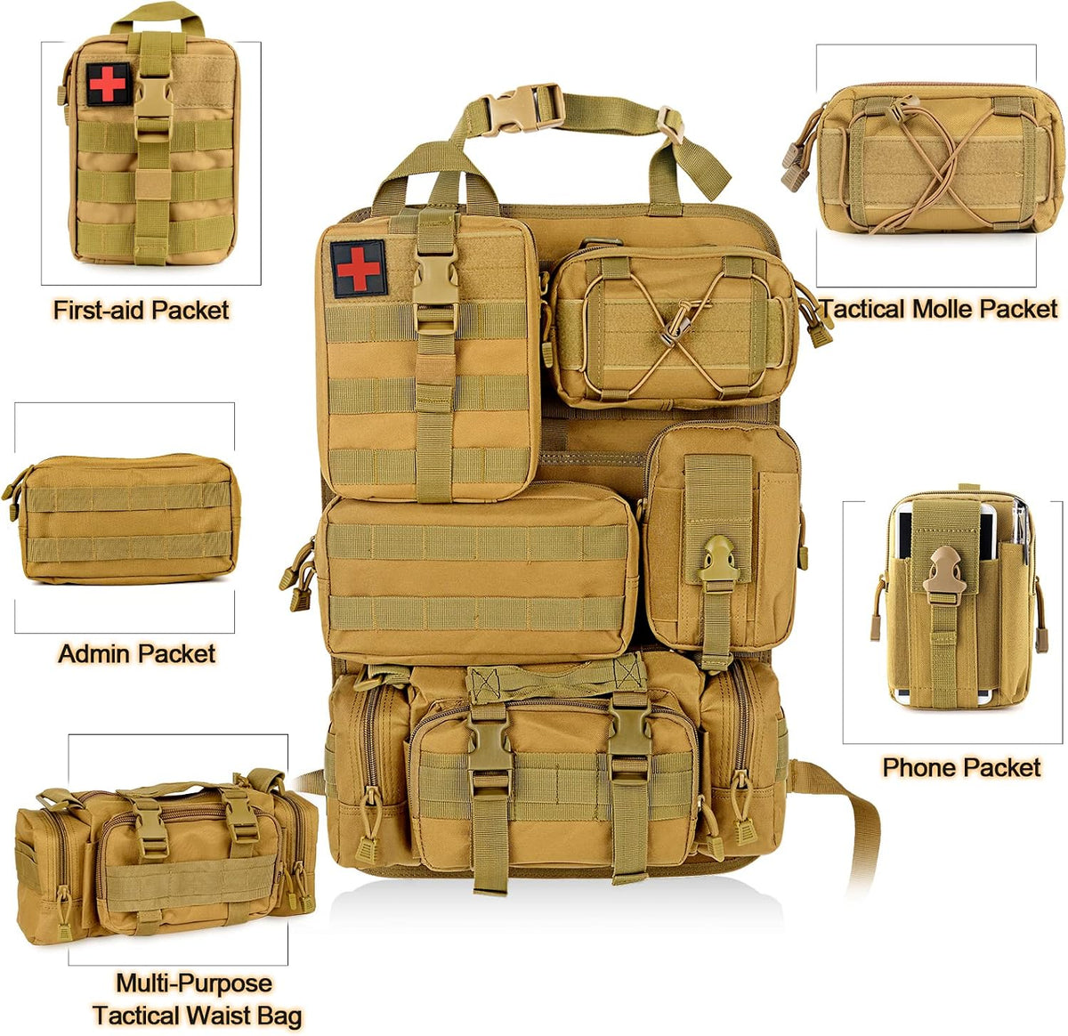Universal Tactical Vehicle Back Seat Organizer with 5 Molle Pouch Molle Pouches Truck Seat Organizer Tactical Gear for Car Truck Ford Jeep Vehicle